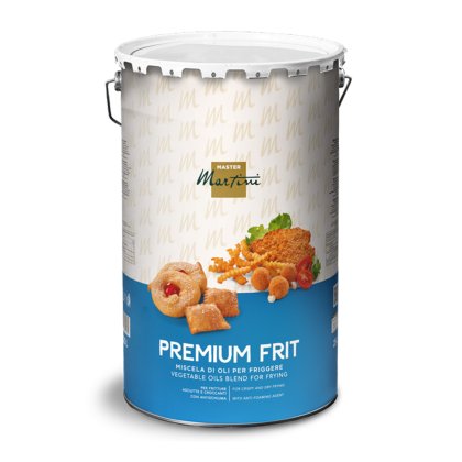 Kovový kbelík Master Martini Premium Frit, směs rostlinných olejů na smažení, s obrázky smažených pokrmů.
