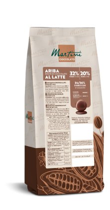 Stojící sáček s kotoučky mléčné čokolády Martini Ariba, 32% kakaa, s hnědým vzorem kakaových bobů