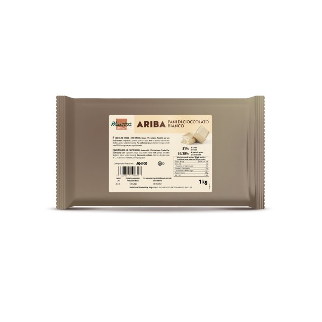 1kg balení bílé čokolády Marchesi Ariba v blocích, béžový obal s nutriční tabulkou.