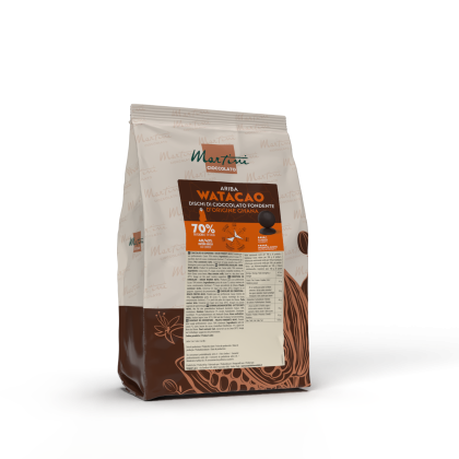 Sáček diskových hořkých čokolád Martini Cioccolato Ariba Watacao 70% z Ghany, na bílém pozadí.