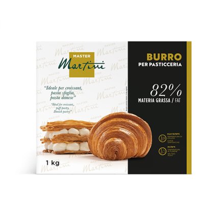 Cukrářské máslo Master Martini 1kg, 82% tuku, s croissantem a vrstveným listovým těstem s krémem.