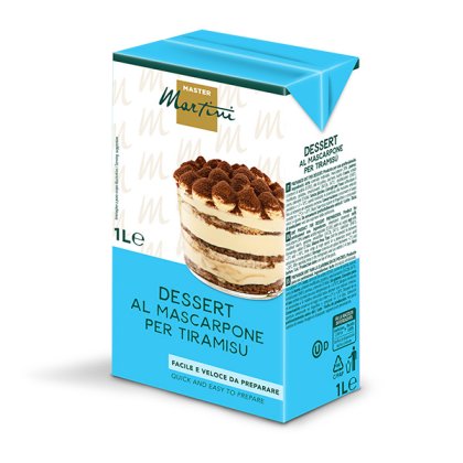 1L balení dezertní směsi mascarpone Master Martini na tiramisu, s fotkou tiramisu na modrém obalu.
