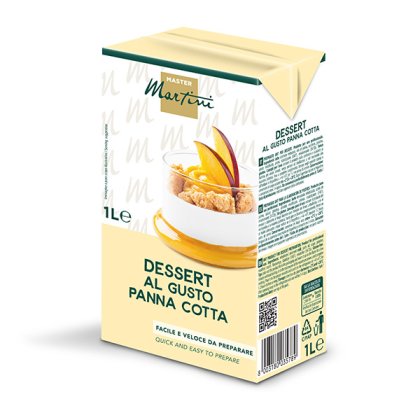1L balení Master Martini dezertní směsi s příchutí panna cotta, krém v poháru s plátky broskve.