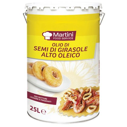 25L plechová dóza slunečnicového oleje s vysokým obsahem kyseliny olejové Martini Food Service, na smažení, s kobliha...
