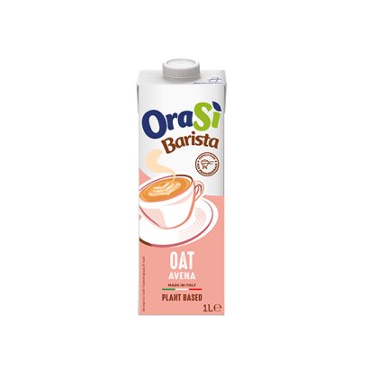 1litrový karton ovesného nápoje OraSì Barista, rostlinný, vyrobeno v Itálii, s hrnkem kávy na růžovém obalu.