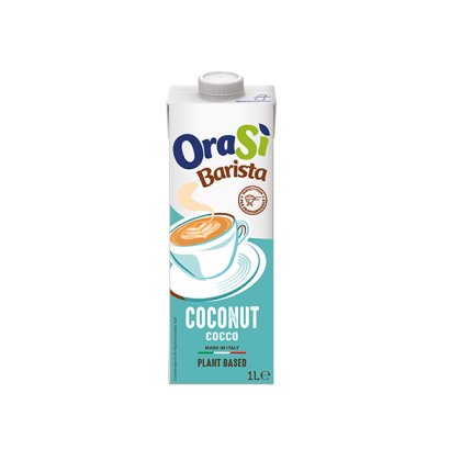 1litrový karton rostlinného nápoje OraSì Barista Coconut, tyrkysový obal s ilustrací šálku, vyrobeno v Itálii.