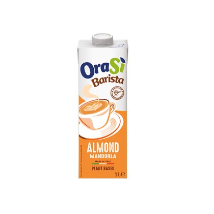 1L krabice OraSì Barista Almond, rostlinný nápoj, oranžový obal s grafikou šálku, vyrobeno v Itálii.