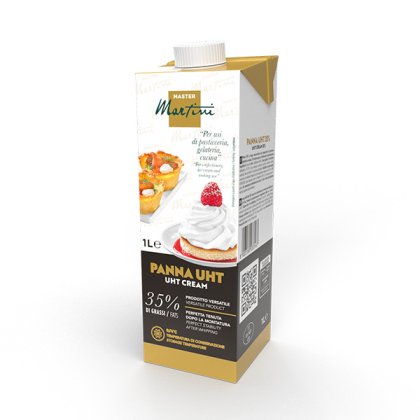 1litrový karton smetany UHT Master Martini Panna, 35% tuku, s obrázky pečiva a šlehačky na etiketě.