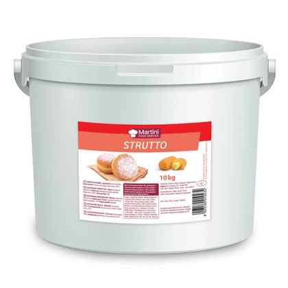 Bílý 10kg kbelík pekařského sádla Martini Strutto, červená etiketa s koblihami posypanými cukrem.