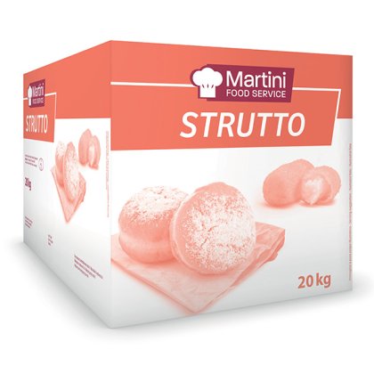 20kg krabice Martini Food Service Strutto s moučníky posypanými cukrem na prkénku.