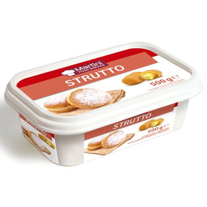 Bílá plastová vanička Martini Food Service Sádlo, 500g, červená etiketa s cukrovými koblihami.