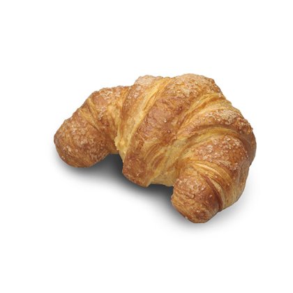 Zlatavý croissant s křupavou, cukrem posypanou kůrkou, ve tvaru půlměsíce, na bílém pozadí.