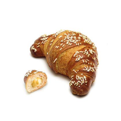 Zlatavý croissant s bílým posypem, vedle menší kousek rozříznutý s krémovou vanilkovou náplní.