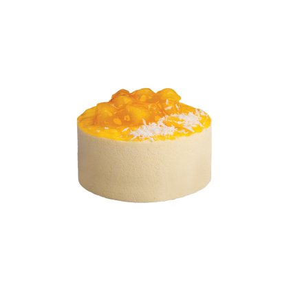 Kulatý mangový mousse dort s lesklou oranžovou ovocnou polevou a kokosovými vločkami na krémovém podkladu