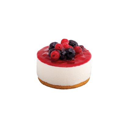 Mini cheesecake s piškotovým základem, bílým krémem, polevou z červeného ovoce, borůvkami a dekorem