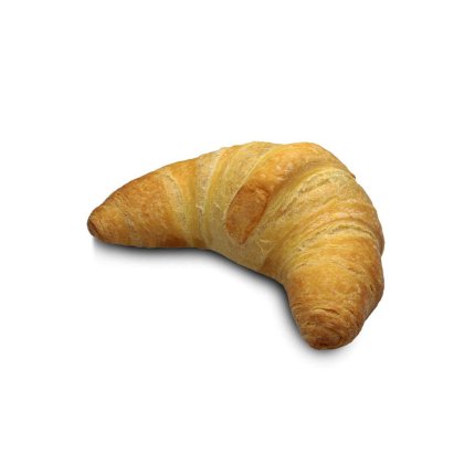 Zlatavý croissant ve tvaru půlměsíce, listové těsto, na bílém pozadí.