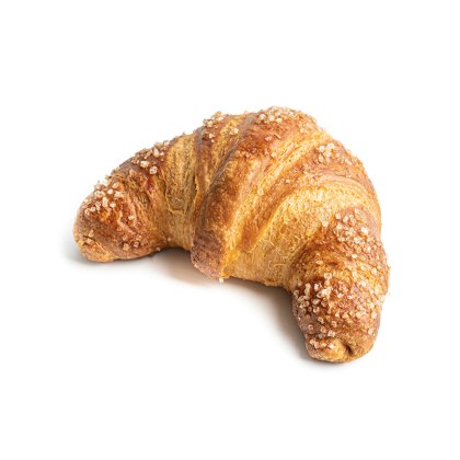 Zlatavý, křupavý croissant v obloukovém tvaru, posypaný hrubým cukrem, na bílém pozadí.