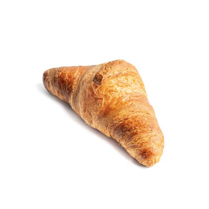 Zlatohnědý listový croissant s vrstveným těstem na bílém pozadí.