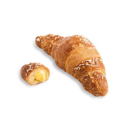 Zlatý croissant s bílým posypem, vedle rozříznutý kousek s krémovou žlutou náplní.