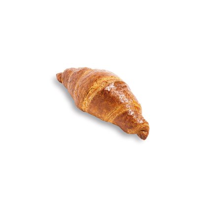 Zlatavý croissant s lesklou, křupavou kůrkou na bílém pozadí.