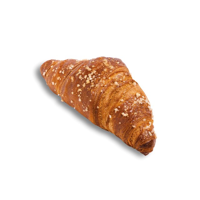 Zlatavý croissant s hrubým cukrem navrchu, na bílém pozadí