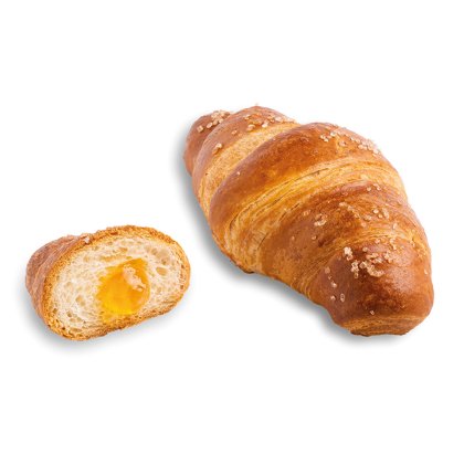 Zlatavý preclíkový croissant s hrubým cukrem, celý a rozkrojený s náplní z meruňkové marmelády.