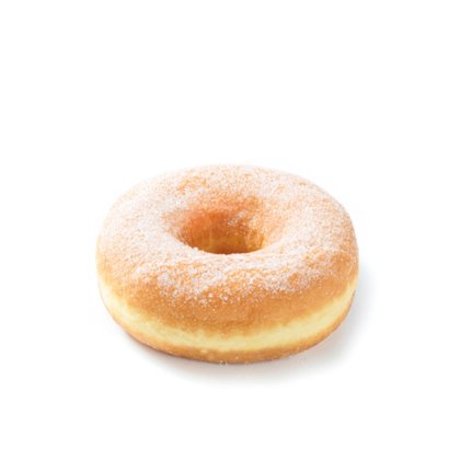 Prstencový donut polevaný cukrem na bílém pozadí