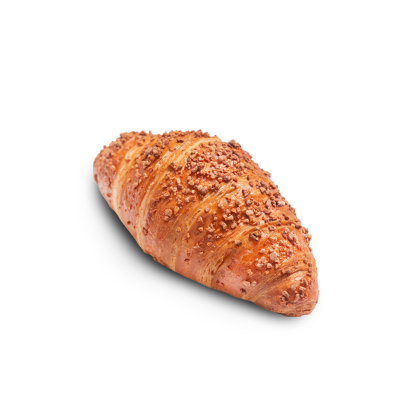 Zlatavý croissant s křupavou ořechovou drtí, na bílém pozadí