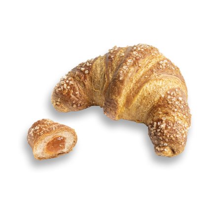Zlatavý croissant obalený v hrubém cukru, s menším rozříznutým kouskem s meruňkovou náplní.