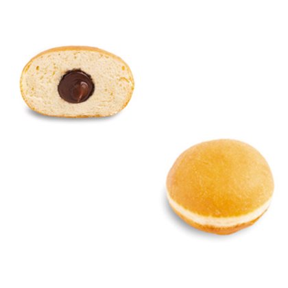 Zlatavý plněný donut, celý a rozříznutý, uvnitř s čokoládovou náplní