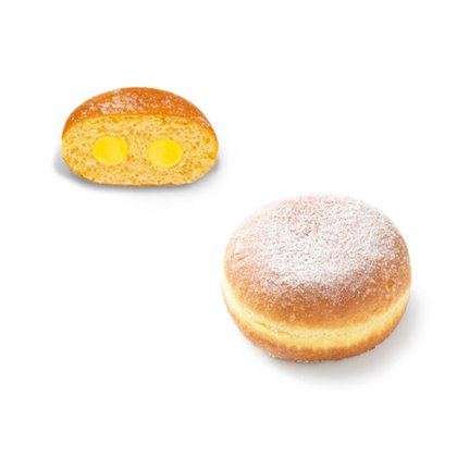 Celý donut posypaný moučkovým cukrem vedle řezu se dvěma kapsami žluté krémové náplně.