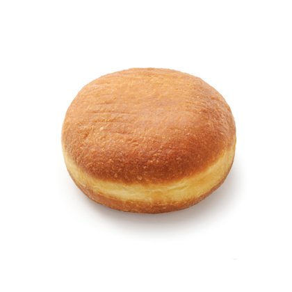 Kulatý zlatohnědý plněný koblih bez dírky, neglazovaný, na bílém pozadí