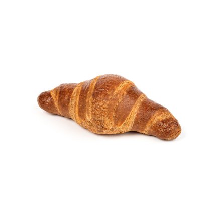Zlatohnědý croissant zahnutého tvaru na bílém pozadí.