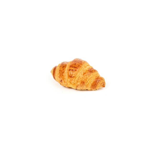 Zlatohnědý croissant s křupavými, zvlněnými vrstvami na bílém pozadí.