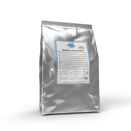 Stříbrný 1kg fóliový sáček Martini Granella di Nocciole (sekané lískové ořechy), modrá etiketa, bílé pozadí.
