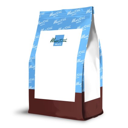 Mockup stojícího sáčku v modré a hnědé barvě s prázdnou bílou etiketou a logem "Martini Gelato"