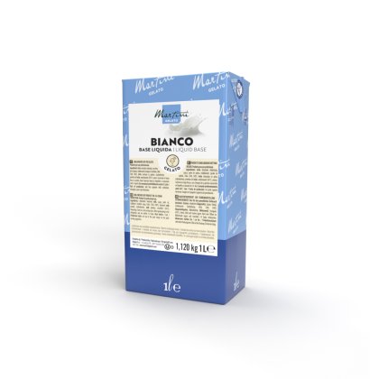 Modrobílý 1litrový karton tekuté báze Martini Gelato Bianco pro profesionální výrobu zmrzliny.