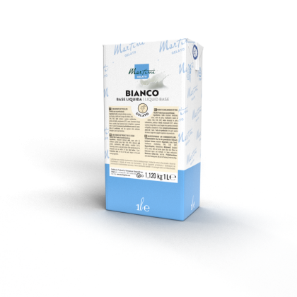 1litrový karton tekuté báze Martini Gelato Bianco, bílo-modrý obal s produktovým štítkem.