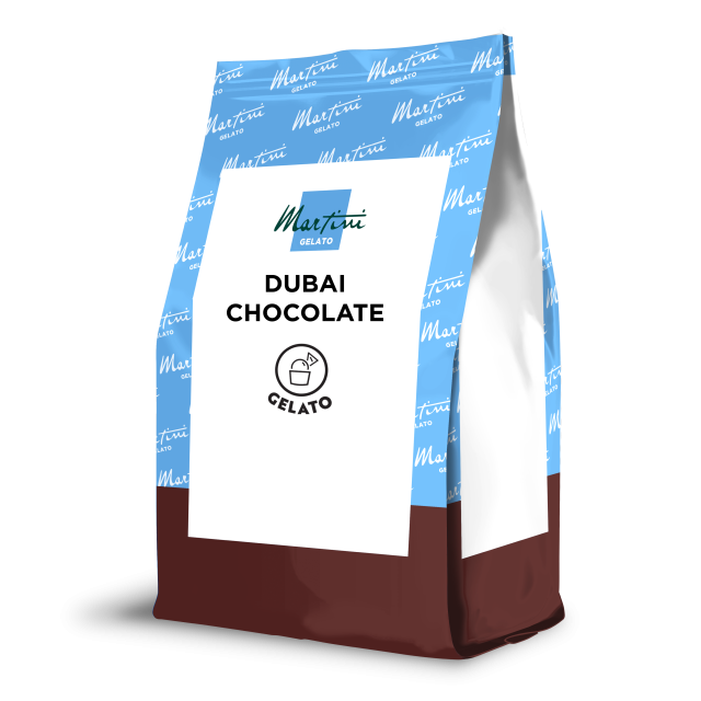 Stojící sáček Martini Gelato příchuť Dubai Chocolate, modrý vzorovaný vrch a hnědý spodek, bílá etiketa.