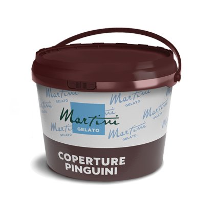 Tmavě hnědý plastový kbelík s držadlem, označený Martini Gelato Coperture Pinguini, čokoládový polevový produkt.