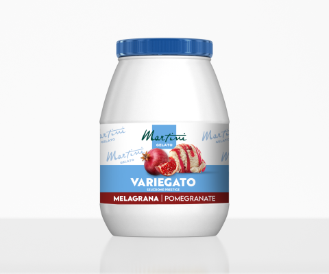 Bílá vanička s modrým víčkem Martini Gelato Variegato, Melagrana granátové jablko, s kopečkem zmrzliny a granátovým j...