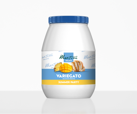Bílá plastová nádoba s modrým víčkem "Martini Gelato Variegato Summer Party" s mangem, ananasem a kokosem.