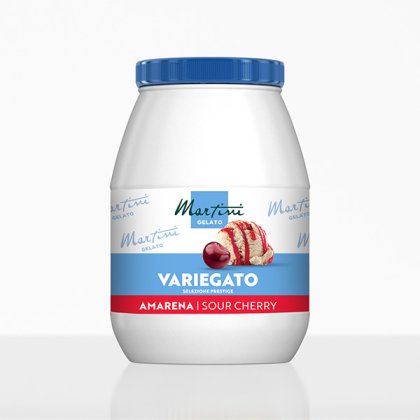Bílá plastová vanička Martini Gelato Variegato Amarena s modrým víčkem a etiketou s višněmi.