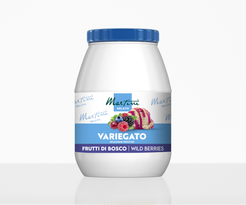 Bílá plastová dóza s modrým víčkem, etiketa Martini Gelato Variegato Frutti di Bosco, lesní plody a zmrzlina