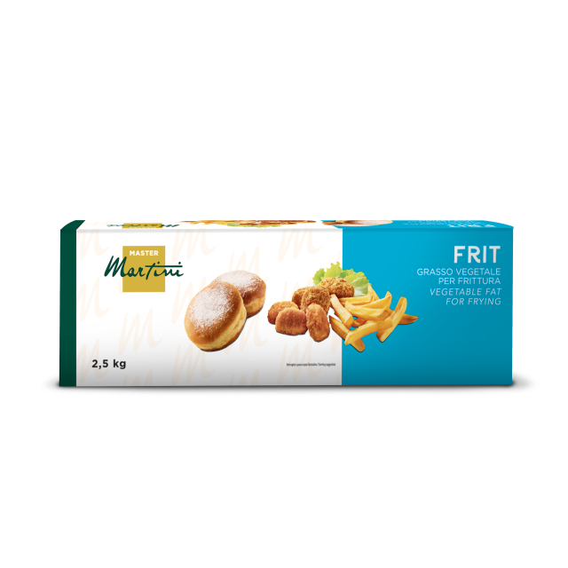 Balení rostlinného fritovacího tuku Master Martini FRIT, 2,5 kg, s cukrovými koblihami, smaženými nuggetami a hranolky.