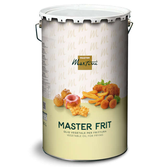 Kovová plechovka fritovacího oleje Master Martini "Master Frit" s obrázky smaženého jídla na béžové etiketě, 25L.