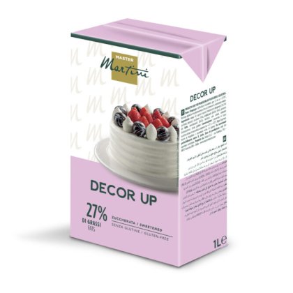 Slazená šlehačka Master Martini Decor Up, 27% tuku, bez lepku, 1litrový růžový karton s obrázkem dortu