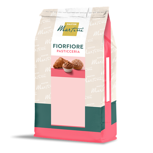 Sáček Master Martini Fiorfiore Pasticceria, růžovo-tyrkysový obal s obrázky croissantu a muffinu.