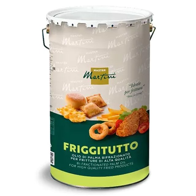 Kovový kbelík bifrakcionovaného palmového oleje Master Martini Friggitutto, zelená etiketa s obrázky smaženého jídla.