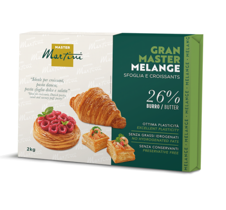 Master Martini Gran Master Melange 2kg, 26% másla – croissant, dánské a listové pečivo.
